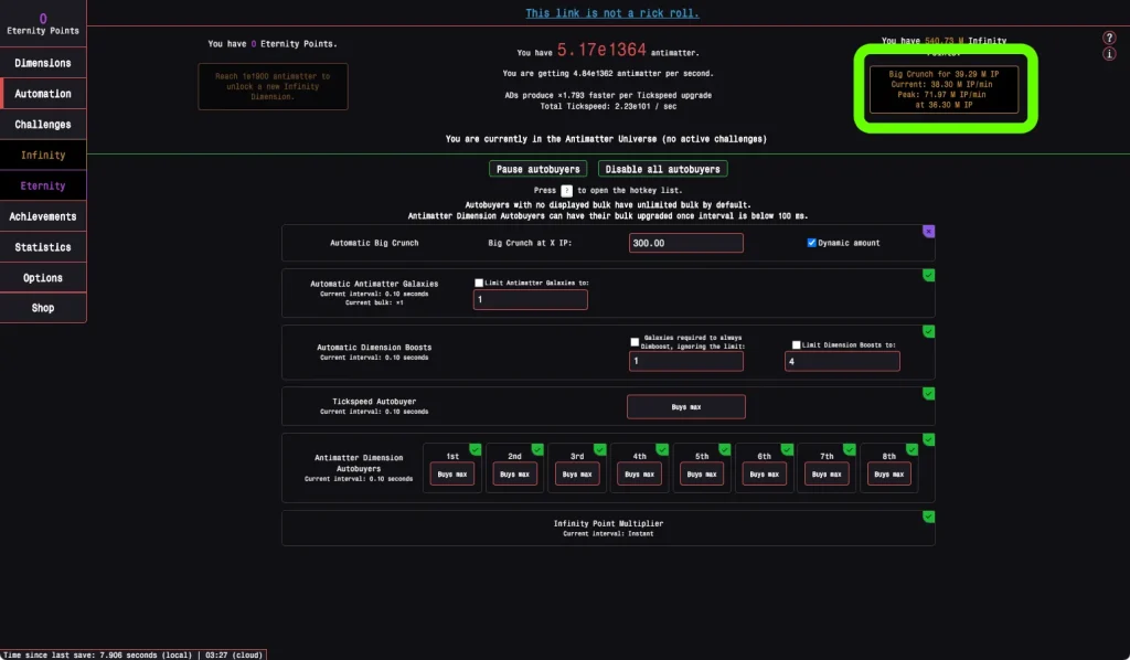 Antimatter Dimensions:autoubyerのpeak atの設定